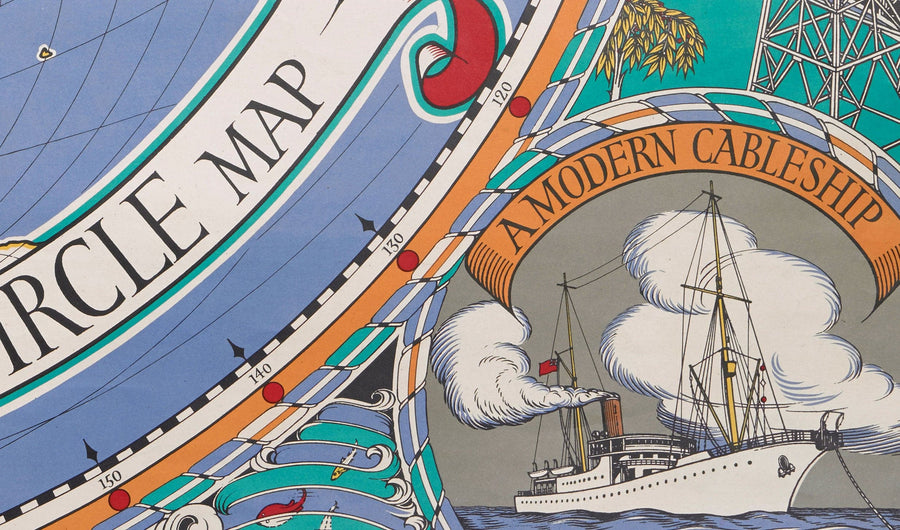 Ancienne carte du Grand Cercle de Cable & Wireless, 1945 par Max Gill - Carte du réseau sous-marin de l&