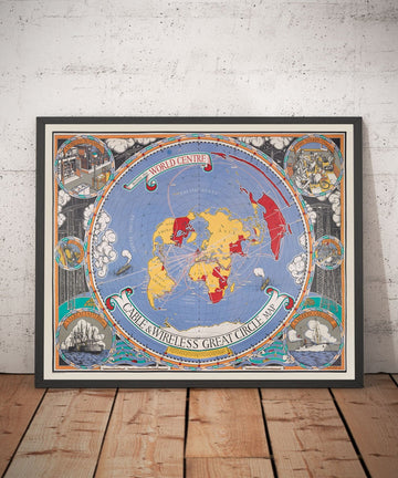 Old Cable & Wireless Great Circle Map, 1945 by Max Gill - Flat Earth British Empire Submarine Network Chart