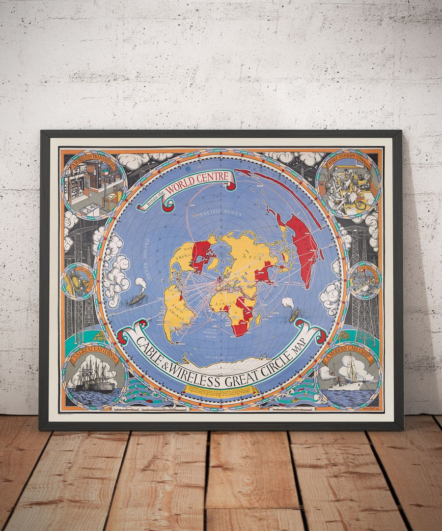 Ancienne carte du Grand Cercle de Cable & Wireless, 1945 par Max Gill - Carte du réseau sous-marin de l&