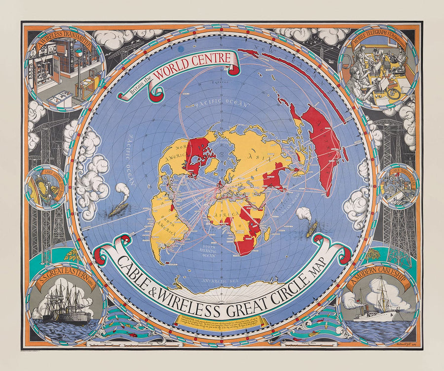 Ancienne carte du Grand Cercle de Cable & Wireless, 1945 par Max Gill - Carte du réseau sous-marin de l&