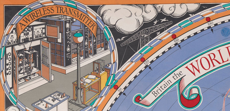 Ancienne carte du Grand Cercle de Cable & Wireless, 1945 par Max Gill - Carte du réseau sous-marin de l&