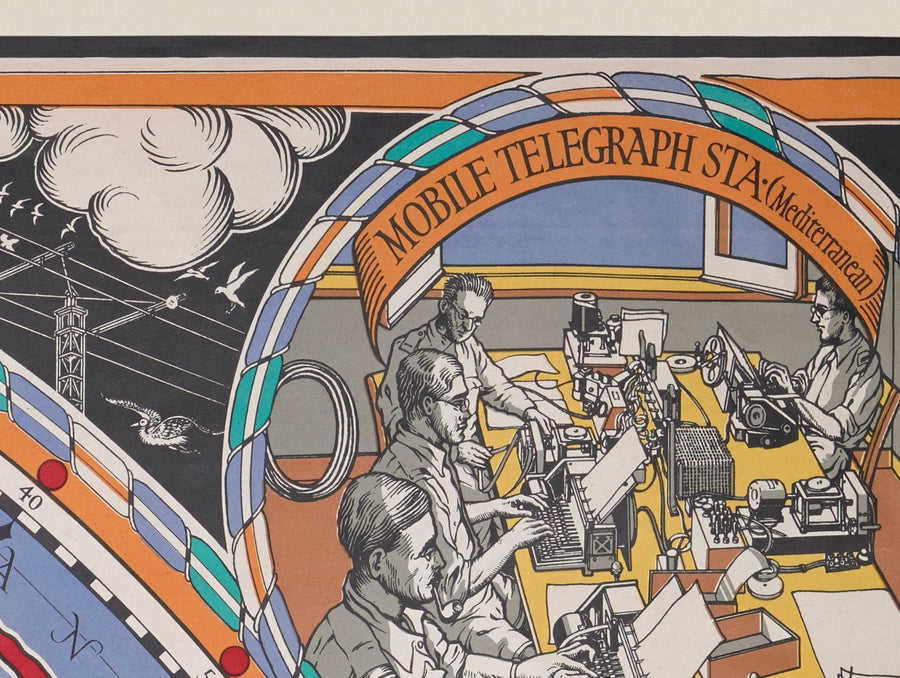 Ancienne carte du Grand Cercle de Cable & Wireless, 1945 par Max Gill - Carte du réseau sous-marin de l&