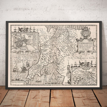 Vecchia mappa monocromatica di Caernarfonshire, Galles, 1611 di John Speed - Caernarfon, Snowdon, Gwynedd, Bangor, Conwy, Llandudno 
