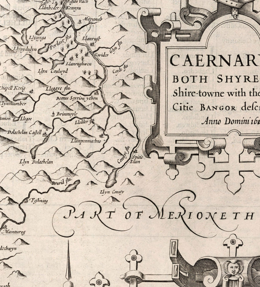 Ancienne carte monochrome de Caernarfonshire, Pays de Galles, 1611 par John Speed - Caernarfon, Snowdon, Gwynedd, Bangor, Conwy, Llandudno 