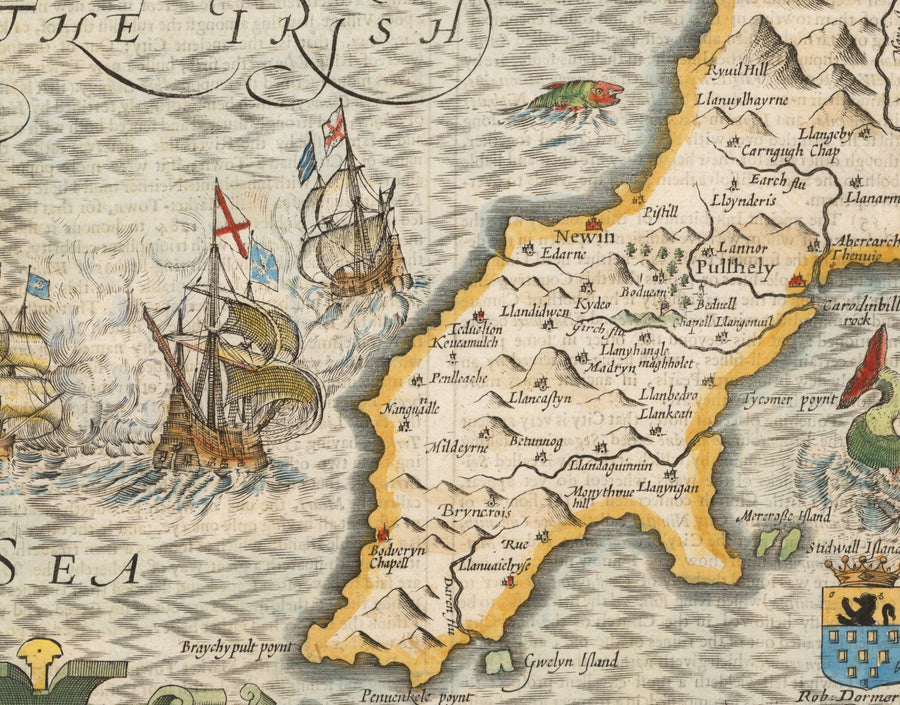 Ancienne carte du Pays de Galles Caernarfonshire, 1611 par John Speed - Caernarfon, Snowdon, Gwynedd, Bangor, Conwy, Llandudno