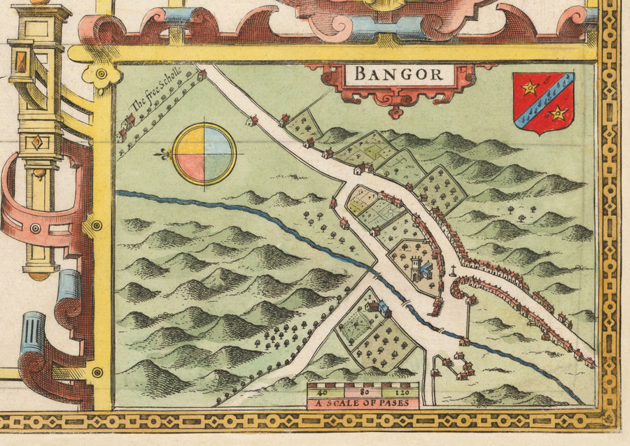 Ancienne carte du Pays de Galles Caernarfonshire, 1611 par John Speed - Caernarfon, Snowdon, Gwynedd, Bangor, Conwy, Llandudno
