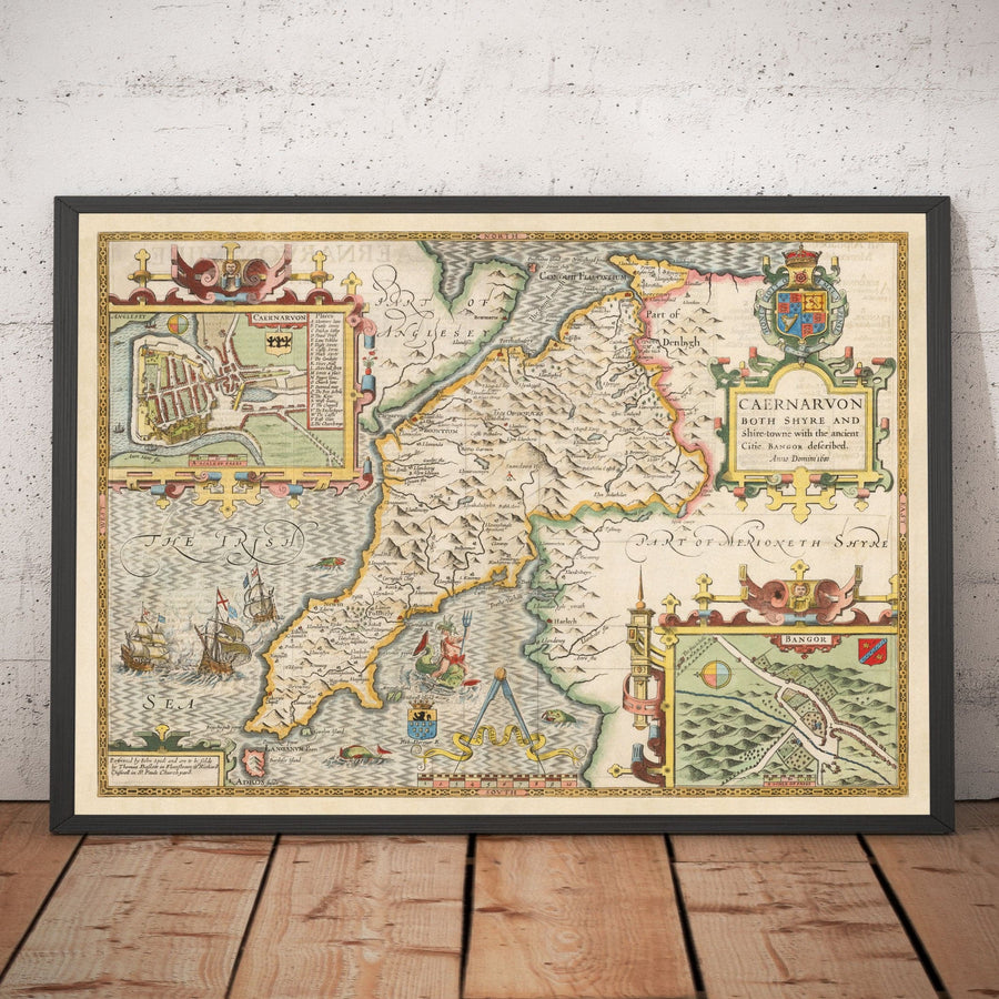 Ancienne carte du Pays de Galles Caernarfonshire, 1611 par John Speed - Caernarfon, Snowdon, Gwynedd, Bangor, Conwy, Llandudno