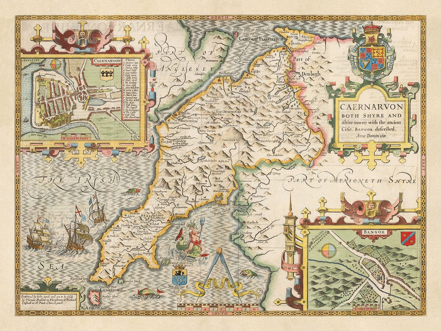 Ancienne carte du Pays de Galles Caernarfonshire, 1611 par John Speed - Caernarfon, Snowdon, Gwynedd, Bangor, Conwy, Llandudno