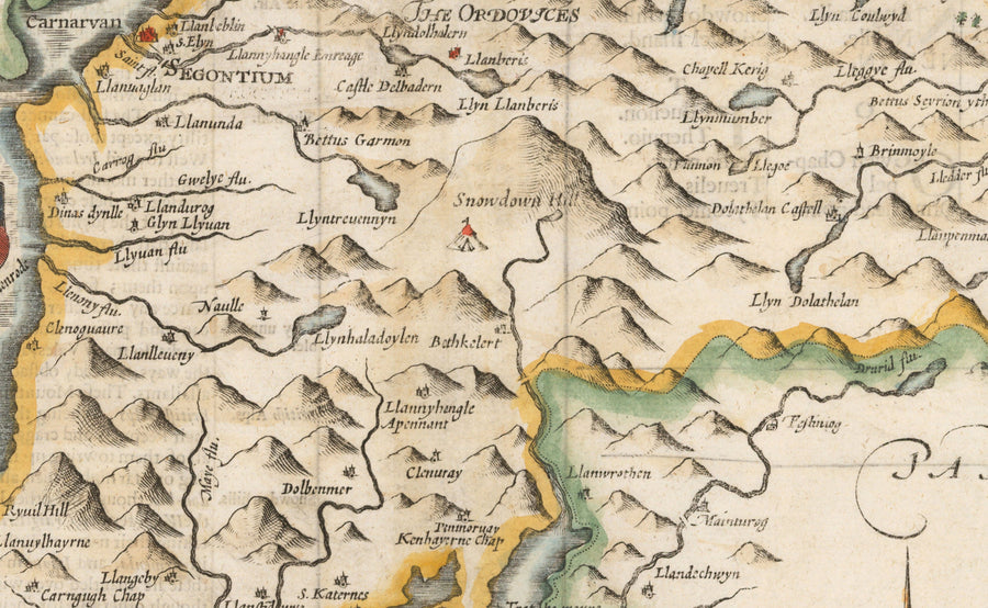 Ancienne carte du Pays de Galles Caernarfonshire, 1611 par John Speed - Caernarfon, Snowdon, Gwynedd, Bangor, Conwy, Llandudno