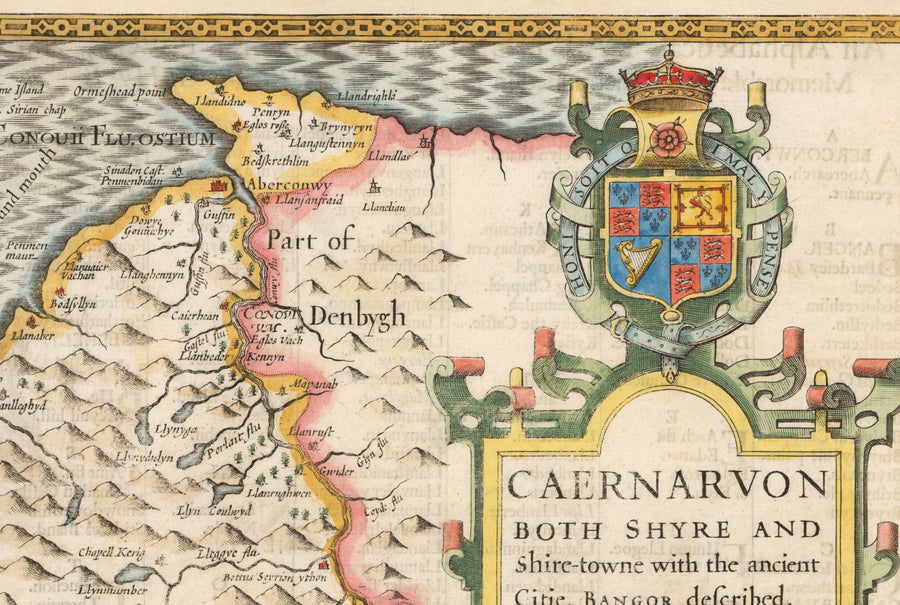 Ancienne carte du Pays de Galles Caernarfonshire, 1611 par John Speed - Caernarfon, Snowdon, Gwynedd, Bangor, Conwy, Llandudno