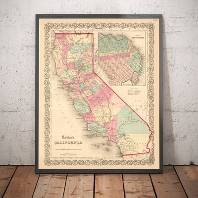 Ancienne carte de la Californie 1860, Colton - San Francisco, Los Angeles, San Diego, Santa Clara, Fresno, San Jose