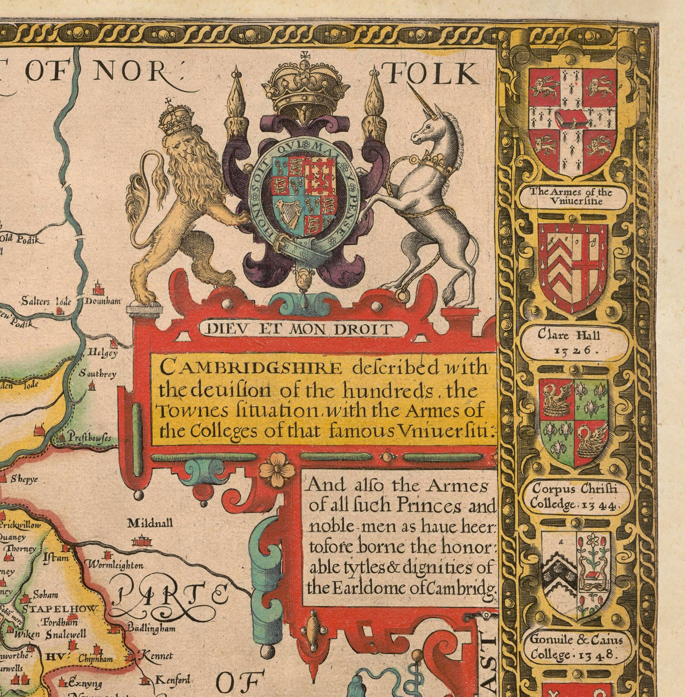 Ancienne carte de CambridgeShire, 1611 par John Speed ​​- Cambridge, Peterborough, Wisbech, St Neots