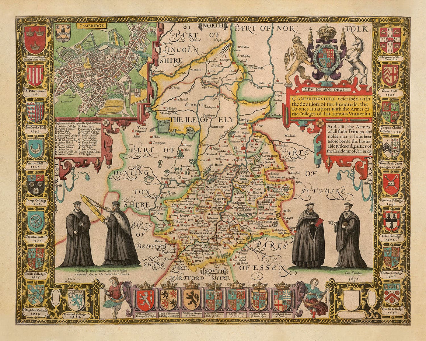 Mapa antiguo de Cambridgeshire, 1611 de John Speed ​​- Cambridge, Peterborough, Wisbech, ST Neots
