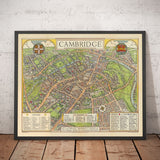 Mapa antiguo de Cambridge, 1929 - Trinidad, San Juan, Rey, Peterhouse, Jesús - Universidad y colegios