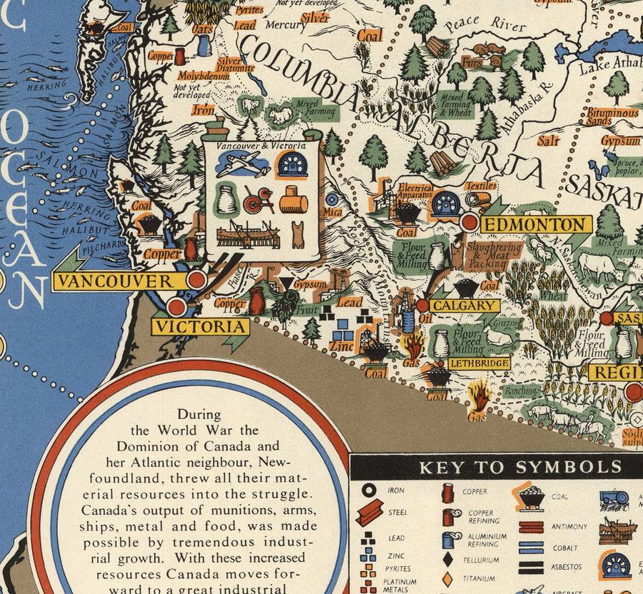 Ancienne carte du Canada, 1942 par Max Gill - Seconde Guerre mondiale 2 Carte des ressources naturelles et industrielles