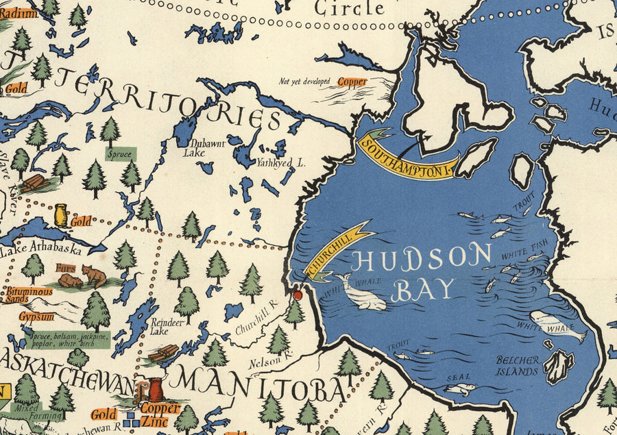 Ancienne carte du Canada, 1942 par Max Gill - Seconde Guerre mondiale 2 Carte des ressources naturelles et industrielles