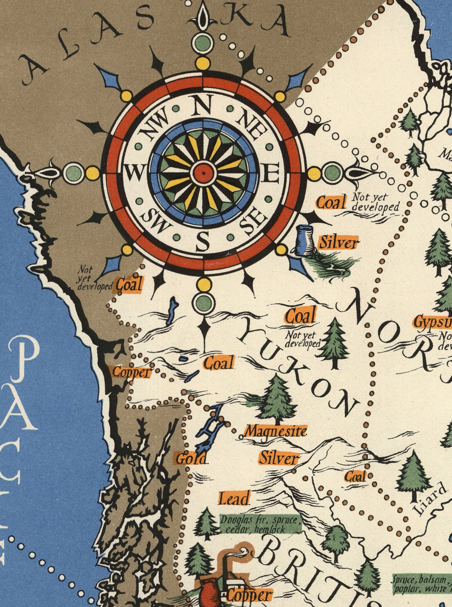 Ancienne carte du Canada, 1942 par Max Gill - Seconde Guerre mondiale 2 Carte des ressources naturelles et industrielles