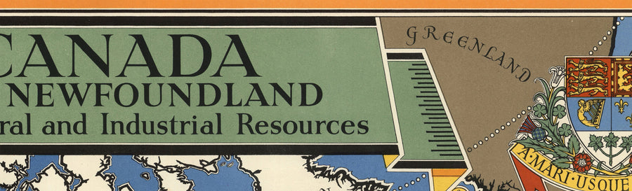 Ancienne carte du Canada, 1942 par Max Gill - Seconde Guerre mondiale 2 Carte des ressources naturelles et industrielles