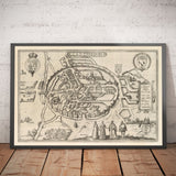 Mappa antica di Canterbury 1588 di Georg Braun - Castello, Cattedrale, Chiesa, Mura della città 
