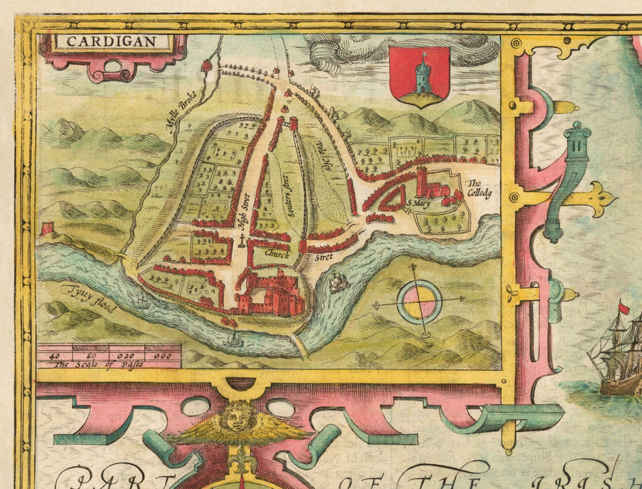 Ancienne Carte de Ceredigion Galles, 1611 par John Vitesse - Cardiganshire, Aberystwyth, Cardigan