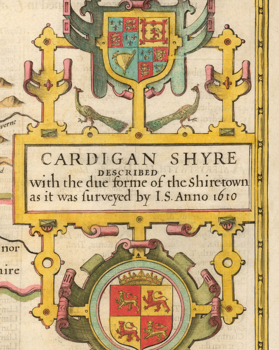 Ancienne Carte de Ceredigion Galles, 1611 par John Vitesse - Cardiganshire, Aberystwyth, Cardigan