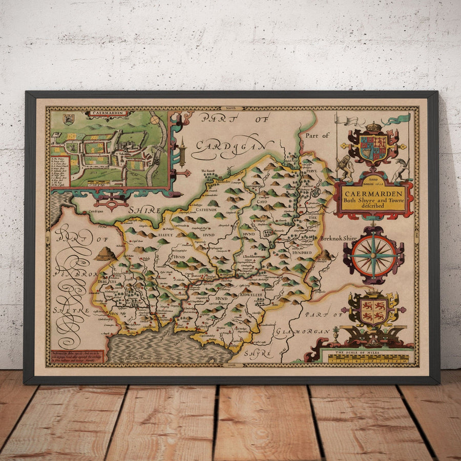 Ancienne carte de Carmarthenshire Galles, 1611 par John Speed ​​- Carmarthen, Llanelli, Llandovery