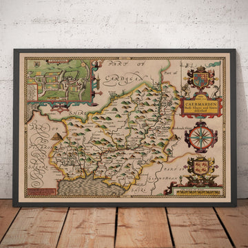 Ancienne carte de Carmarthenshire Galles, 1611 par John Speed ​​- Carmarthen, Llanelli, Llandovery