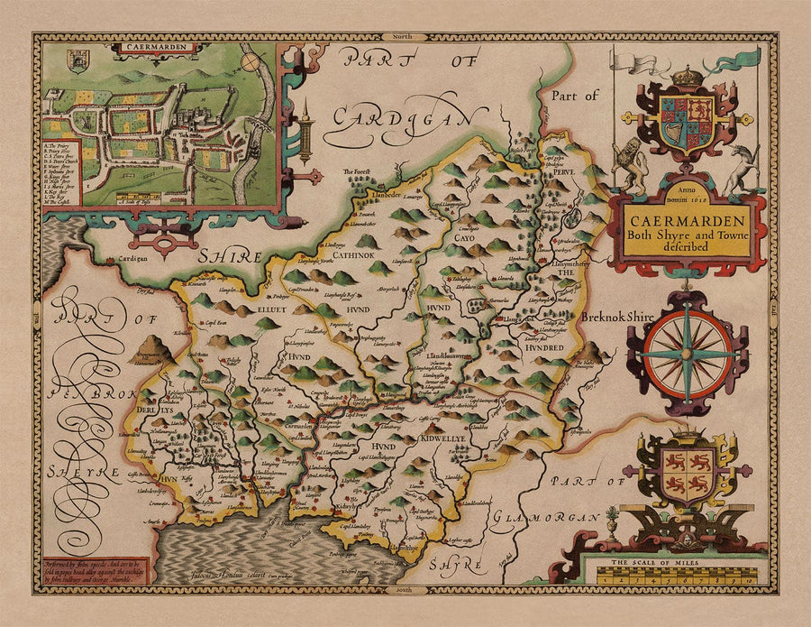 Ancienne carte de Carmarthenshire Galles, 1611 par John Speed ​​- Carmarthen, Llanelli, Llandovery