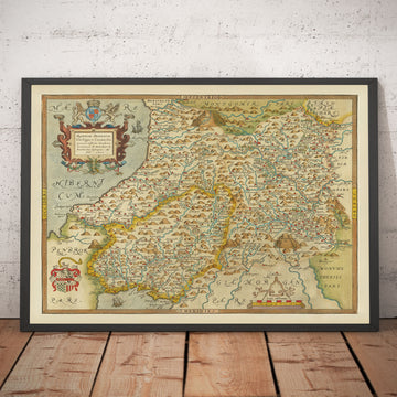 Primer mapa antiguo de Gales central en 1578 por Christopher Saxton - Powys, Ceredigion, Carmarthenshire, Aberystwyth, Cardigan