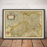 Erste alte Karte von Mittelwales im Jahr 1578 von Christopher Saxton - Powys, Ceredigion, Carmarthenshire, Aberystwyth, Cardigan 