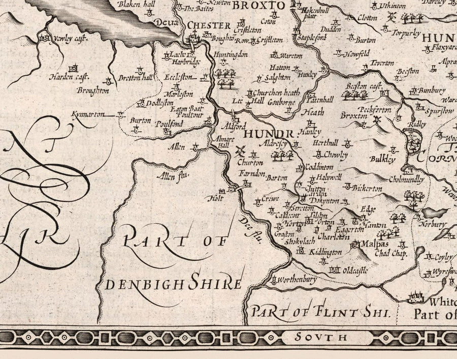 Ancienne carte monochrome du Cheshire en 1611 - Chester, Warrington, Crewe, Runcorn, Liverpool, Wirral, Merseyside 