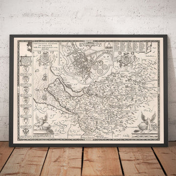 Alte monochrome Karte von Cheshire aus dem Jahr 1611 - Chester, Warrington, Crewe, Runcorn, Liverpool, Wirral, Merseyside 