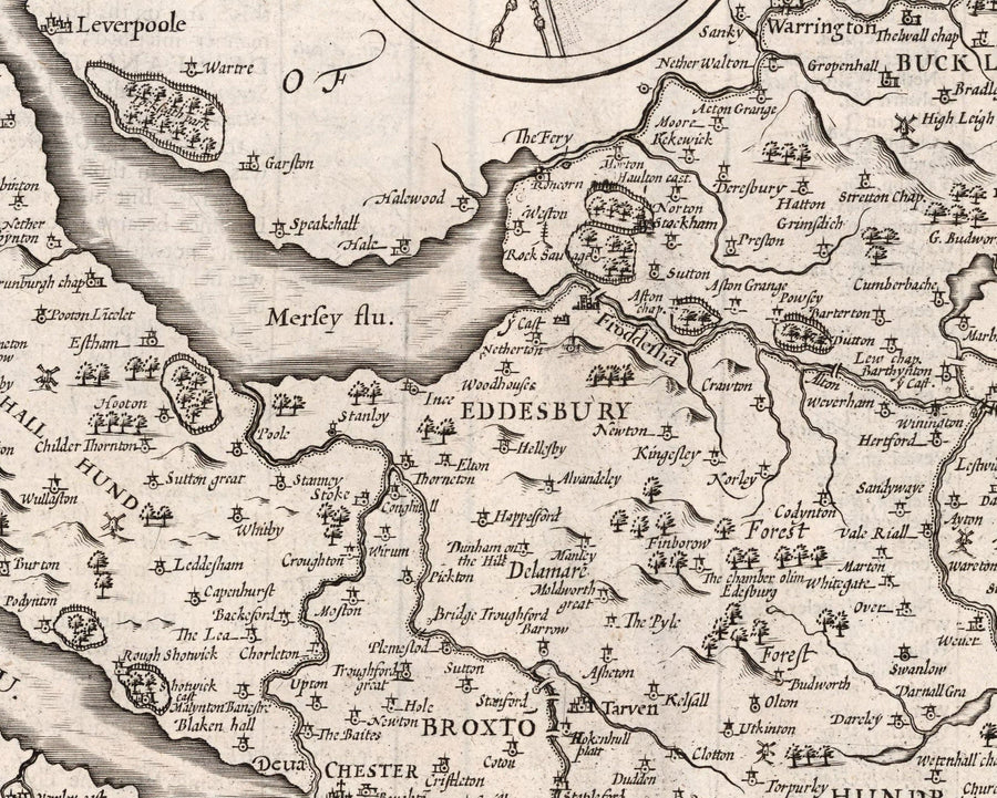 Ancienne carte monochrome du Cheshire en 1611 - Chester, Warrington, Crewe, Runcorn, Liverpool, Wirral, Merseyside 