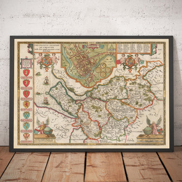 Mapa antiguo de Cheshire en 1611 por John Speed - Chester, Warrington, Crewe, Runcorn, Liverpool, Wirral, Merseyside 