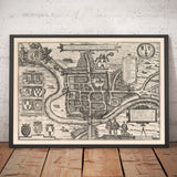 Ancienne Carte de Chester, Cheshire 1581 de Georg Braun - Château, Cathédrale, Murs de la ville romaine