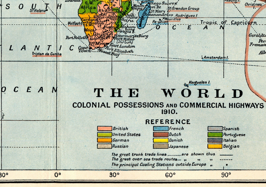 Ancienne carte du monde colonial, 1912 par Cambridge Publishing - Empire britannique, Empire français, Empire hollandais, Empire chinois, Empire espagnol