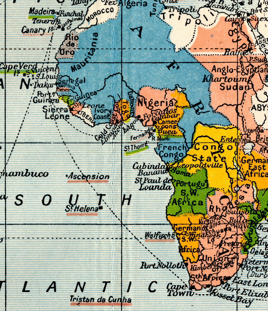 Ancienne carte du monde colonial, 1912 par Cambridge Publishing - Empire britannique, Empire français, Empire hollandais, Empire chinois, Empire espagnol