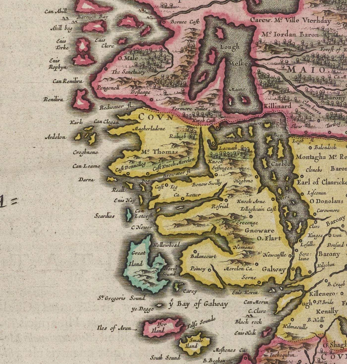Mapa antiguo de Connacht, Irlanda en 1665 por Joan Blaeu - Connaught, Galway, Sligo, Mayo, Leitrim, Clare, West Eire