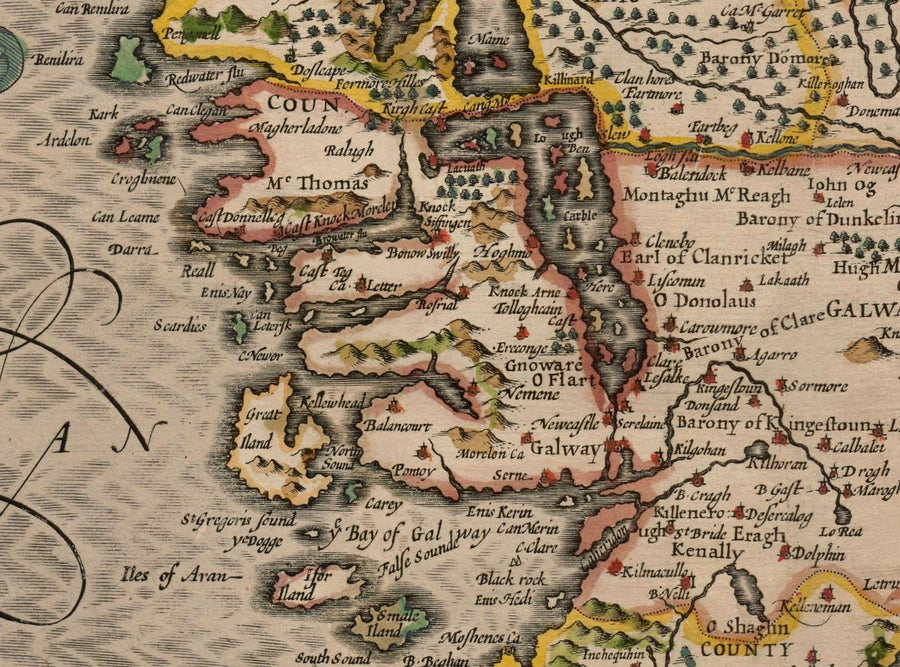 Ancienne carte de Connacht, Irlande 1611 de John Speed ​​- Galway, Sligo, Mayo, Leitrim, Clare