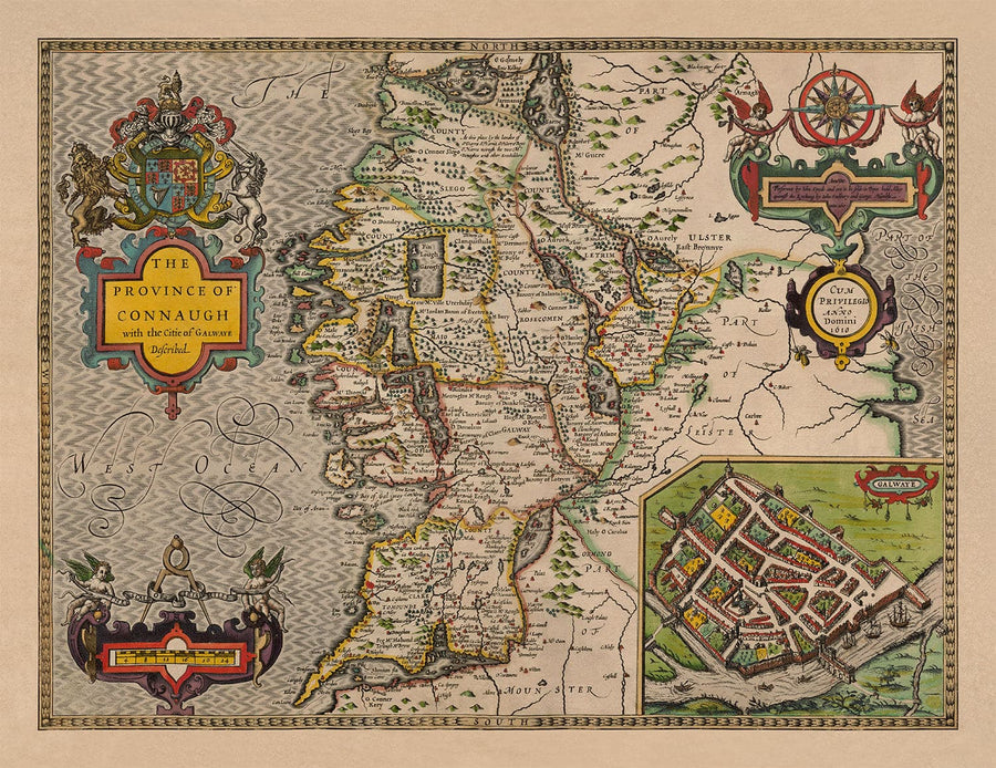 Ancienne carte de Connacht, Irlande 1611 de John Speed ​​- Galway, Sligo, Mayo, Leitrim, Clare