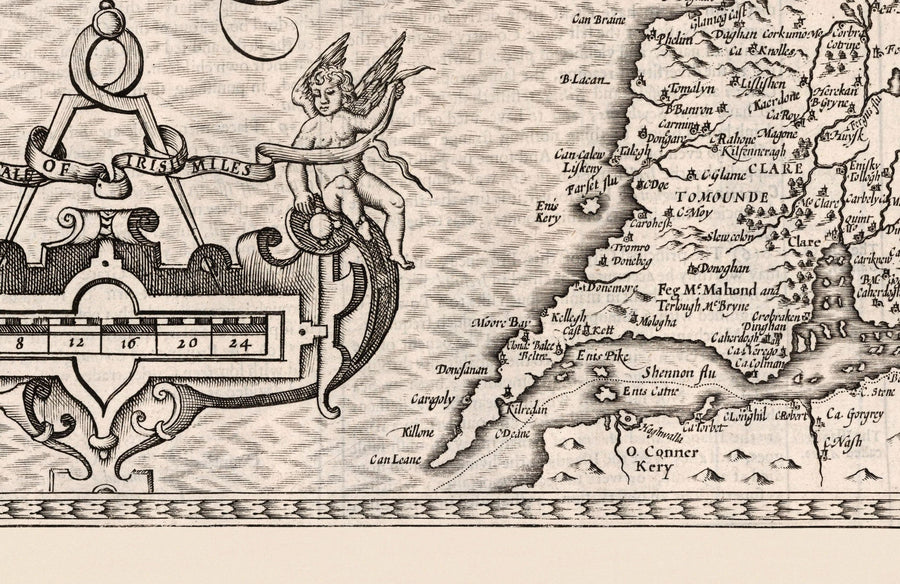 Old Monochrome Carte de Connacht, Irlande 1611 de John Vitesse - Galway, Sligo, Mayo, Leitrim, Clare