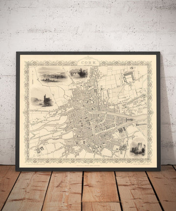 Mappa antica di Cork, Irlanda, 1851 di Tallis & Rapkin - Quartiere Vittoriano, Centrale, Popes Quay, Fiume Lee, Munster 