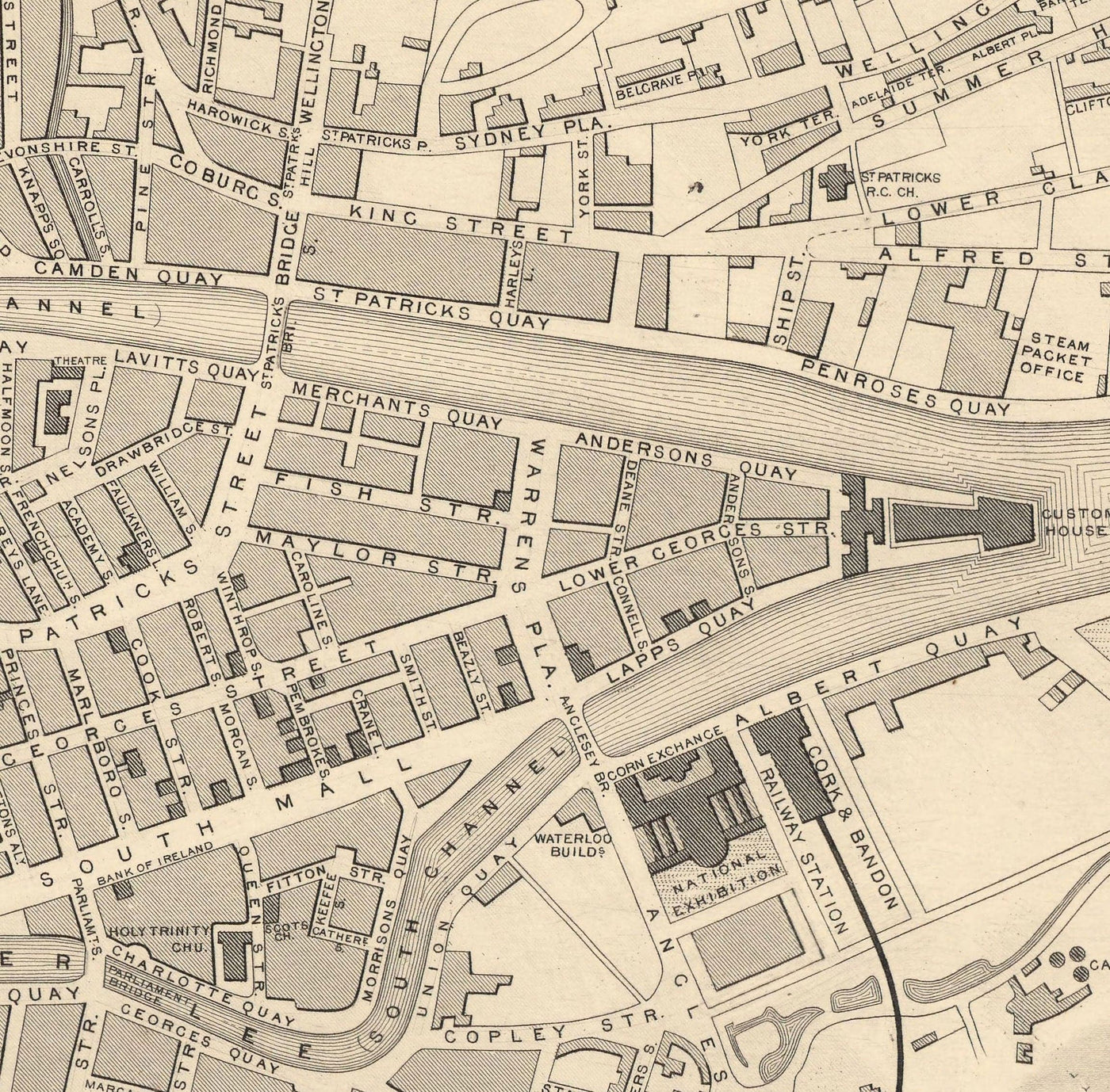 Mapa antiguo de Cork, Irlanda, 1851 de Tallis & Rapkin - Victorian Quarter, Central, Popes Quay, Río Lee, Munster