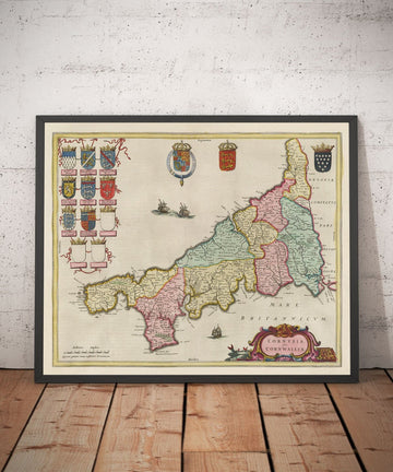 Ancienne carte de Cornwall en 1665 par Joan Blaaeu - Penzance, St Ives, Falmouth, Terres Fin, Padstow, Redruth, Pays Ouest