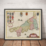 Alte Karte von Cornwall im Jahr 1665 von Joan Blaeu - Penzance, St Ives, Falmouth, Lands End, Padstow, Redruth, West Country 