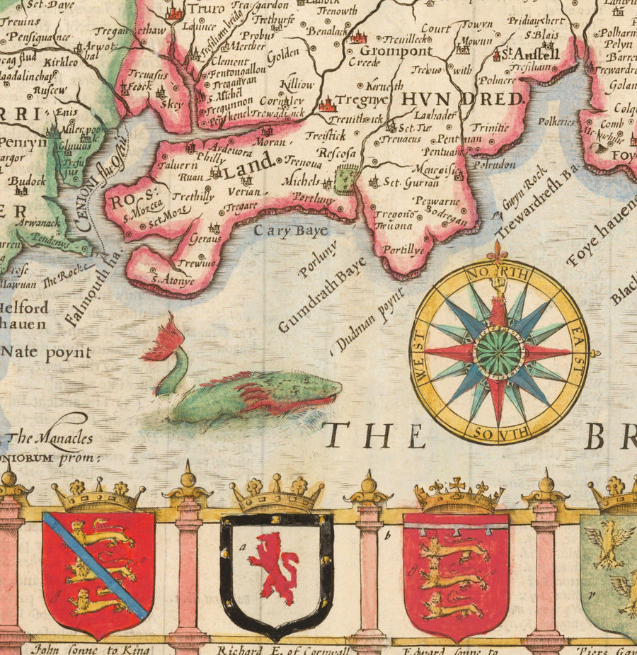 Ancienne carte de Cornwall, 1611 par John Speed ​​- Falmouth, Redruth, St Austell, Truro, Penzance