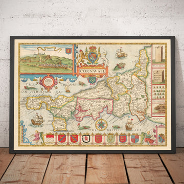 Alte Karte von Cornwall, 1611 von John Speed - Falmouth, Redruth, St Austell, Truro, Penzance 