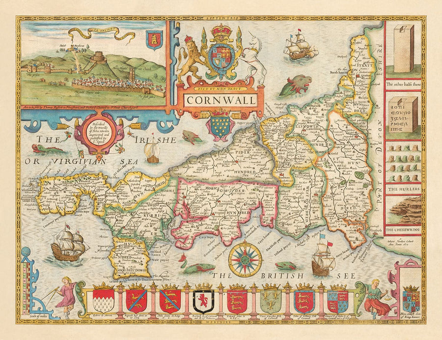 Ancienne carte de Cornwall, 1611 par John Speed ​​- Falmouth, Redruth, St Austell, Truro, Penzance