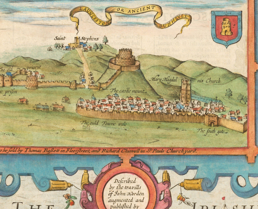 Ancienne carte de Cornwall, 1611 par John Speed ​​- Falmouth, Redruth, St Austell, Truro, Penzance