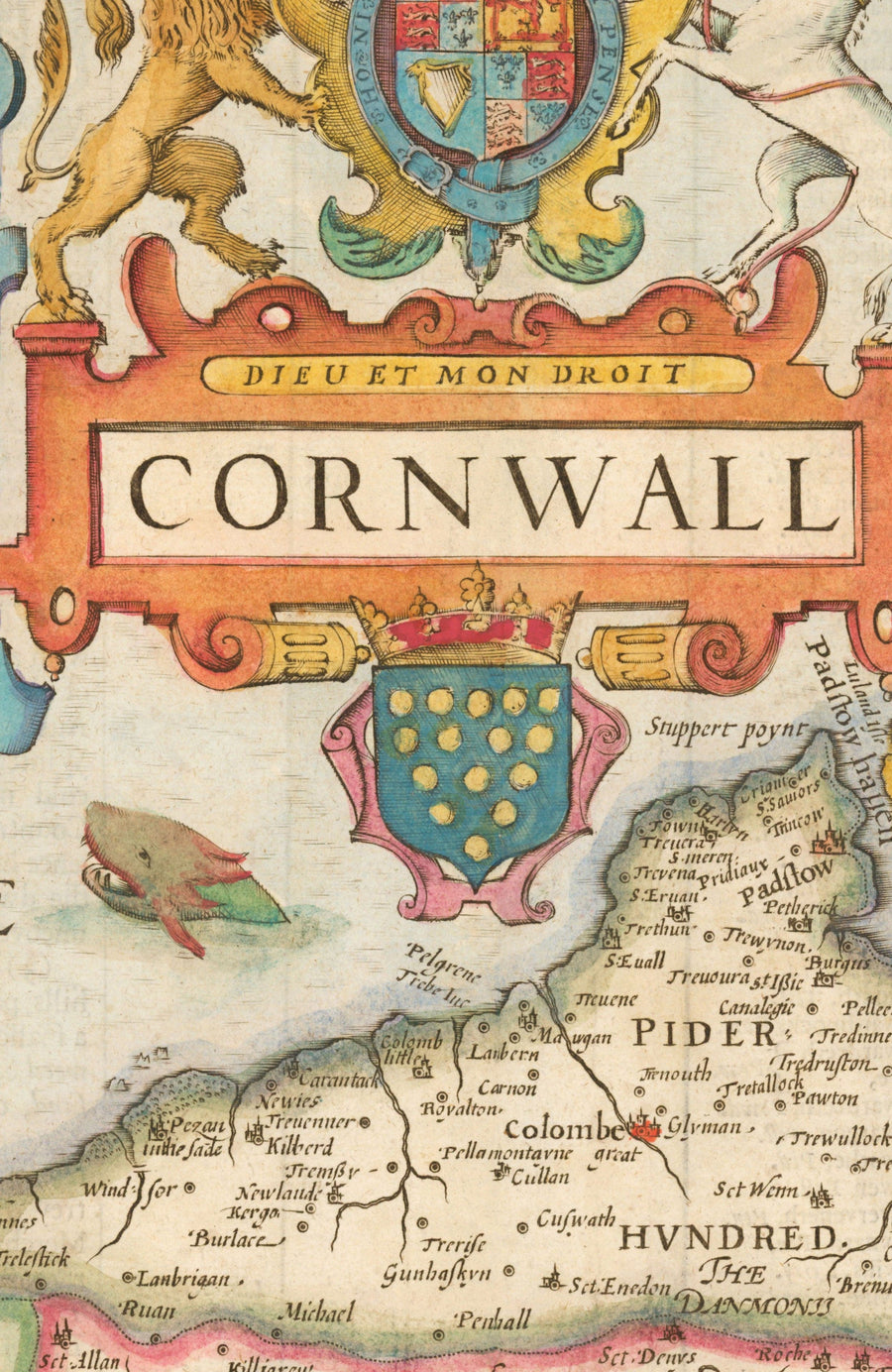 Ancienne carte de Cornwall, 1611 par John Speed ​​- Falmouth, Redruth, St Austell, Truro, Penzance